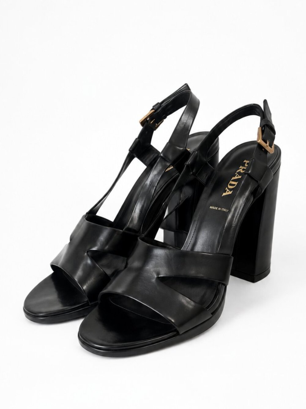 Prada Black Patent Leather Buckle Heel Sandals EU39 US 8.5